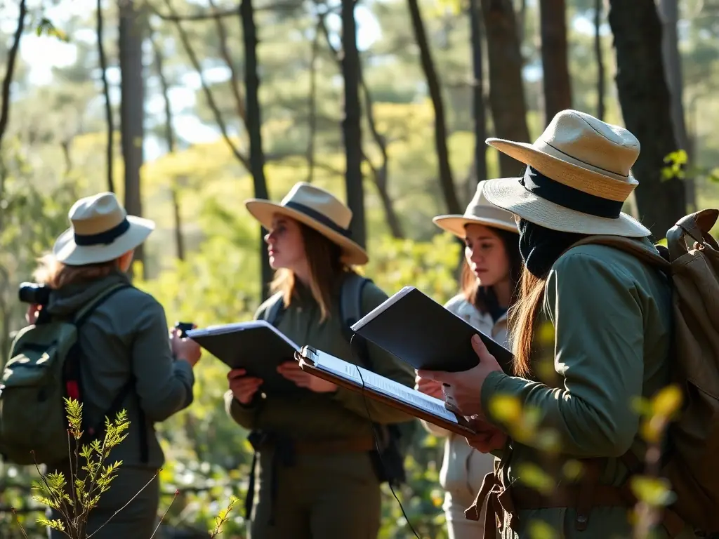 A photograph showing ACCAEC wardens patrolling a forest area, equipped with binoculars and radios, to deter poachers and protect wildlife. The image should highlight the seriousness and dedication of the anti-poaching unit.