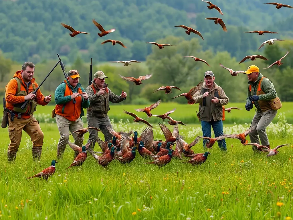 A photograph depicting ACCAEC members participating in a game repopulation program, releasing pheasants into a managed habitat.
