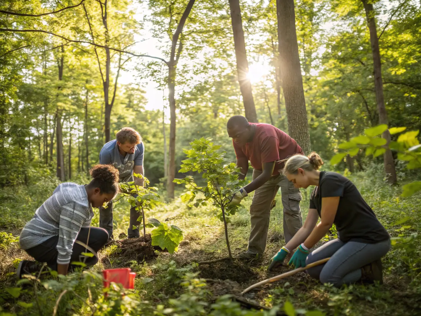 A photograph illustrating ACCAEC members participating in a habitat restoration project, planting native trees and shrubs to improve wildlife habitats. The image should emphasize the hands-on approach to conservation.