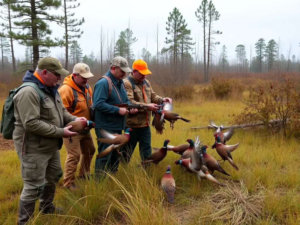 A photograph depicting ACCAEC members releasing pheasants into a managed hunting area, showcasing game repopulation efforts. The image should convey a sense of environmental stewardship and community involvement.