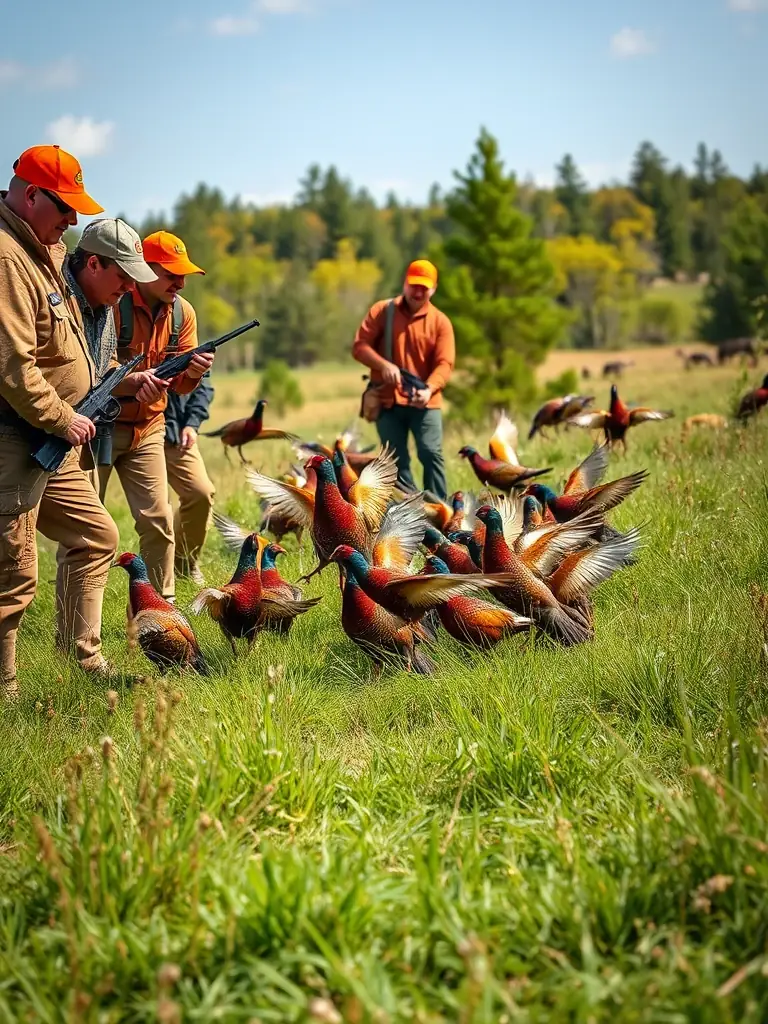 A photograph depicting the release of pheasants into a managed hunting area, showcasing game repopulation efforts by ACCAEC.