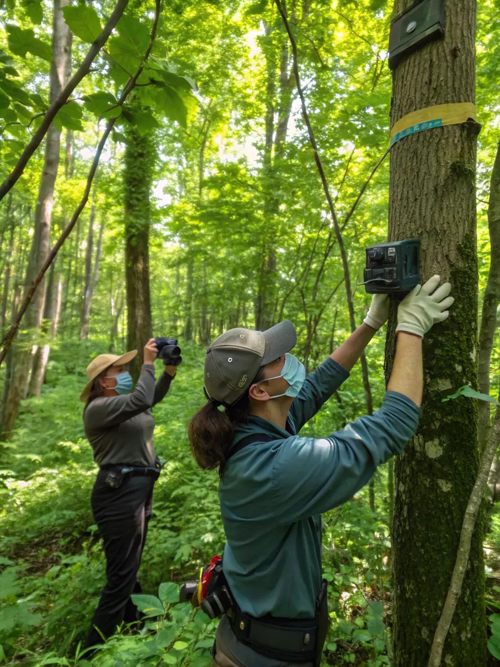A high-resolution image of ACCAEC members setting up camera traps in a forest to monitor and deter poaching activities.